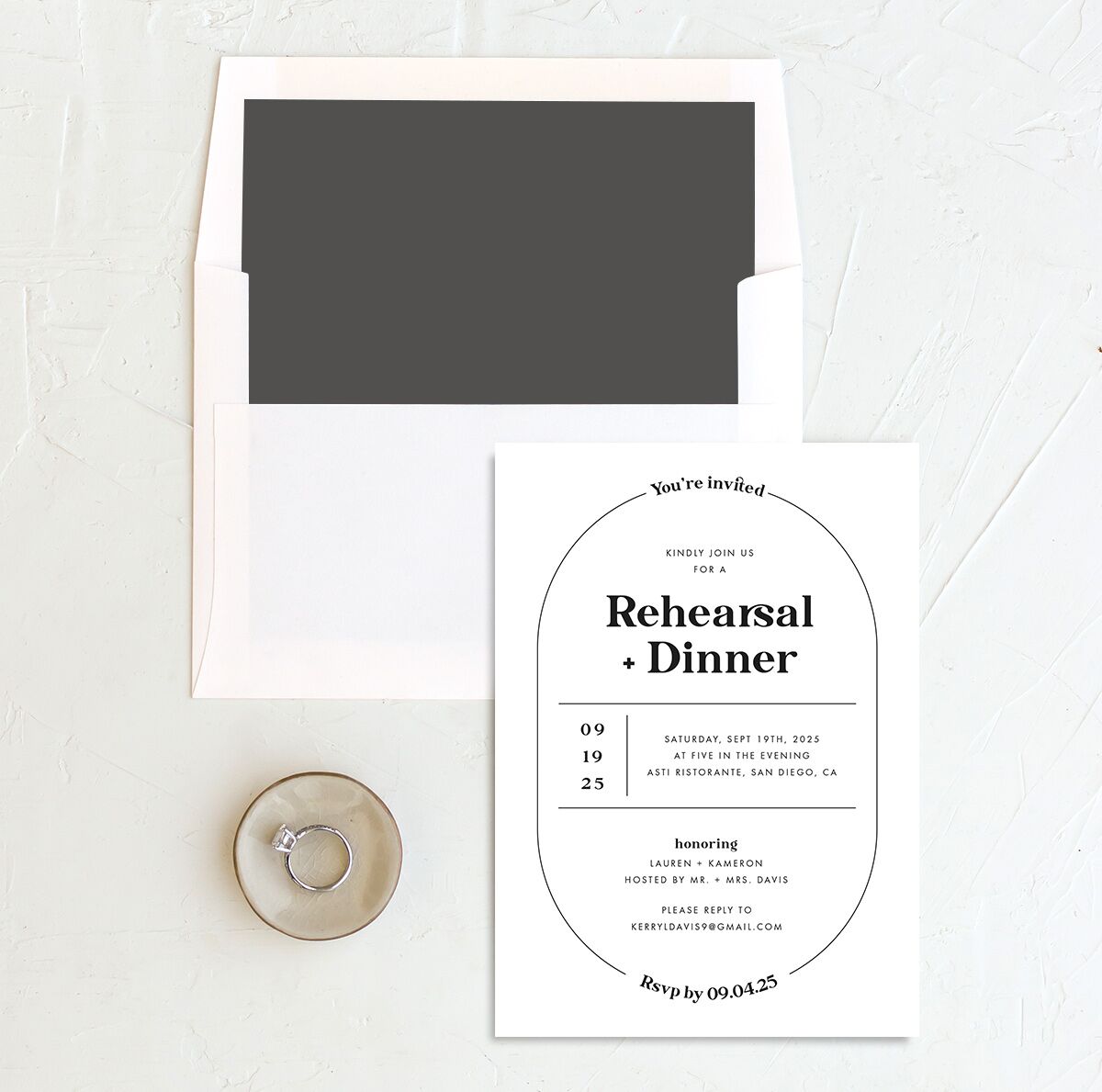 Minimal Oval Rehearsal Dinner Invitations envelope-and-liner in Midnight