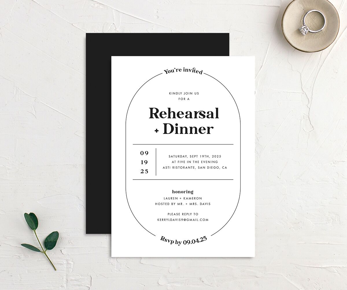 Minimal Oval Rehearsal Dinner Invitations front-and-back in Midnight