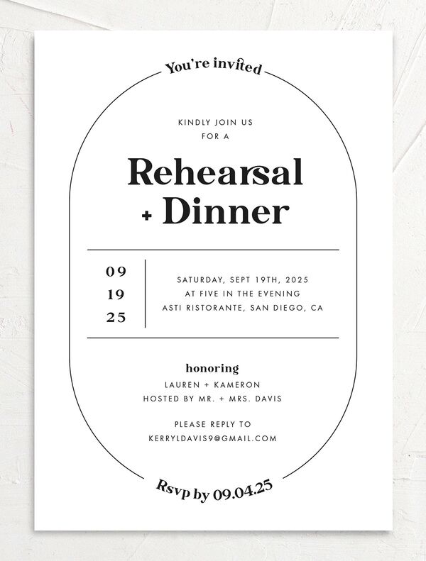 Minimal Oval Rehearsal Dinner Invitations front in Midnight