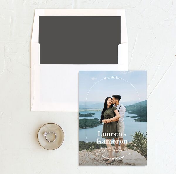 Minimal Oval Save the Date Cards envelope-and-liner in Midnight