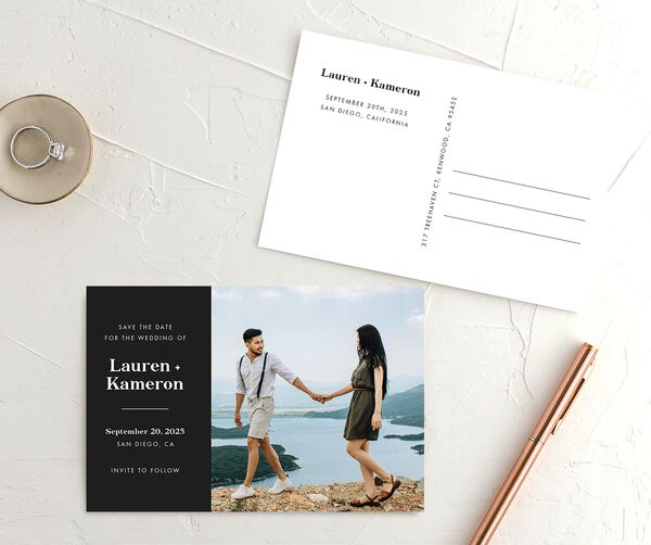 Minimal Oval Save the Date Postcards front-and-back in Midnight
