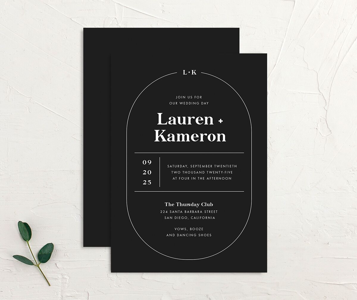 Minimal Oval Wedding Invitations front-and-back in Midnight
