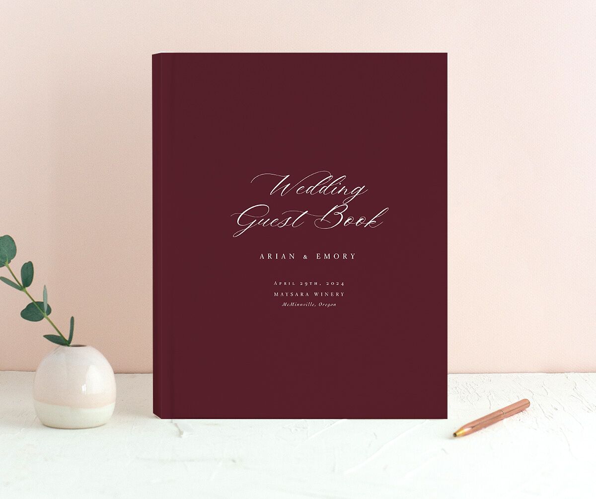 Romantic Geranium Wedding Guest Book front in Deep Claret