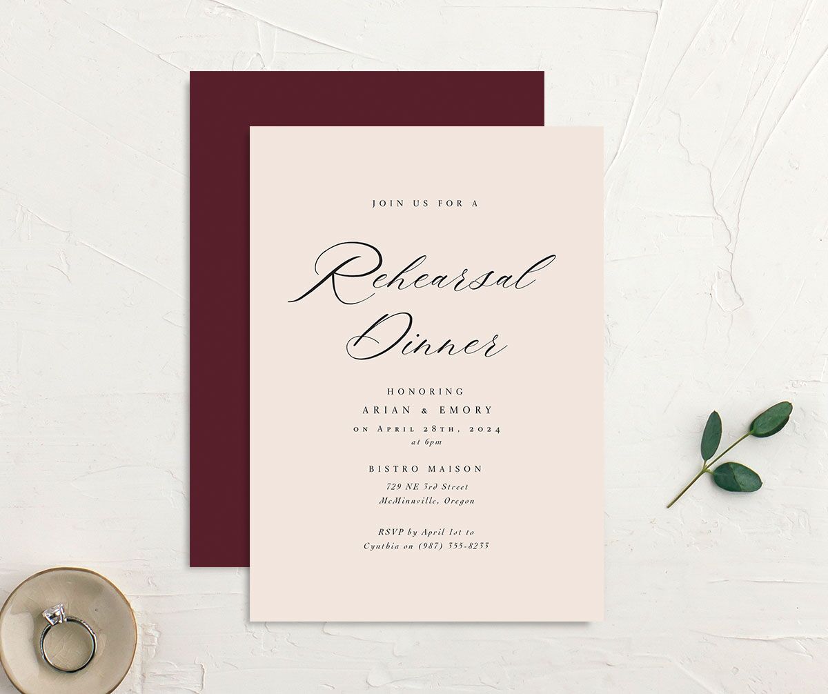 Romantic Geranium Rehearsal Dinner Invitations front-and-back in Deep Claret
