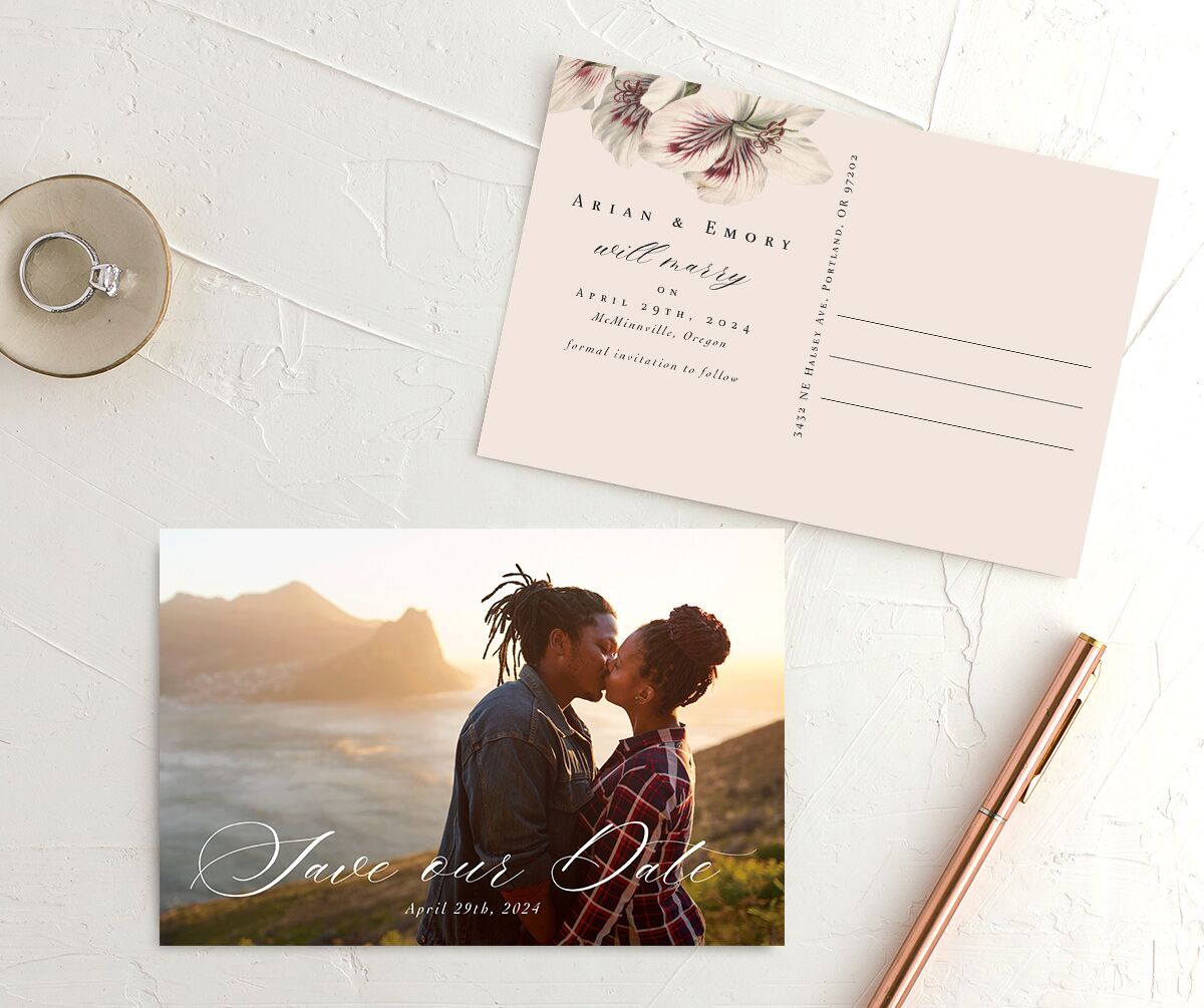 Romantic Geranium Save the Date Postcards front-and-back in Deep Claret