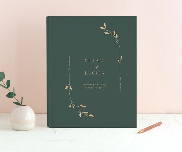 Delicate Leaves Wedding Guest Book front in Jewel Green