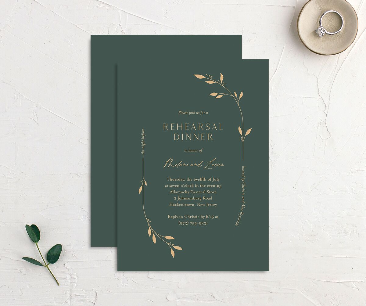 Delicate Leaves Rehearsal Dinner Invitations front-and-back in Jewel Green