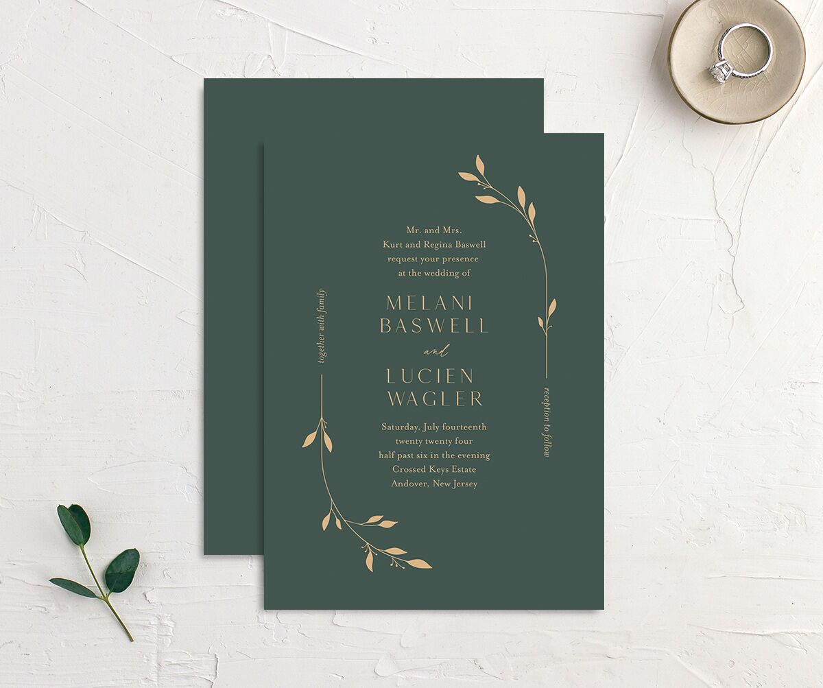 Delicate Leaves Wedding Invitations front-and-back in Jewel Green