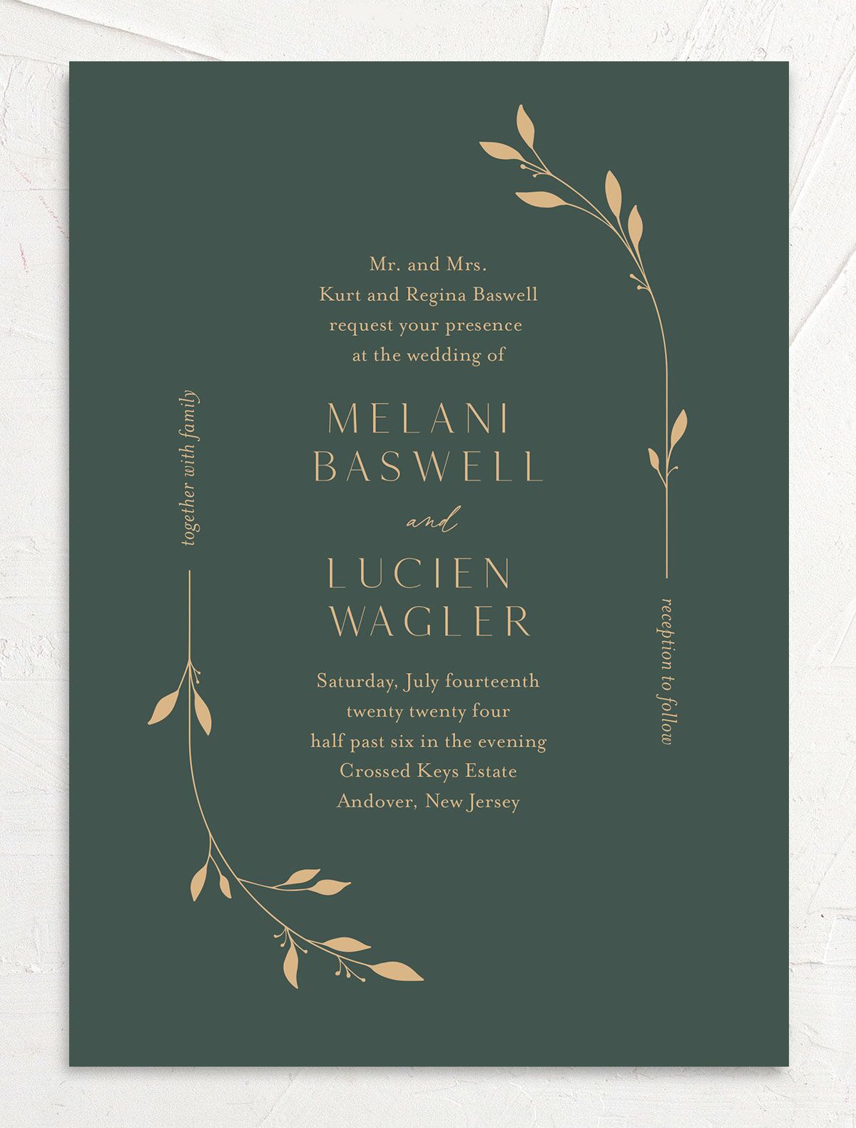 Delicate Leaves Wedding Invitations front in Jewel Green