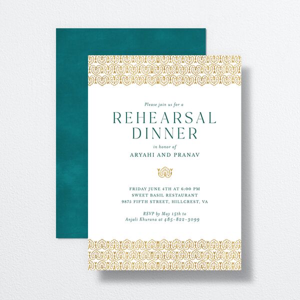 Ornate Deco Rehearsal Dinner Invitations front-and-back in Pure White
