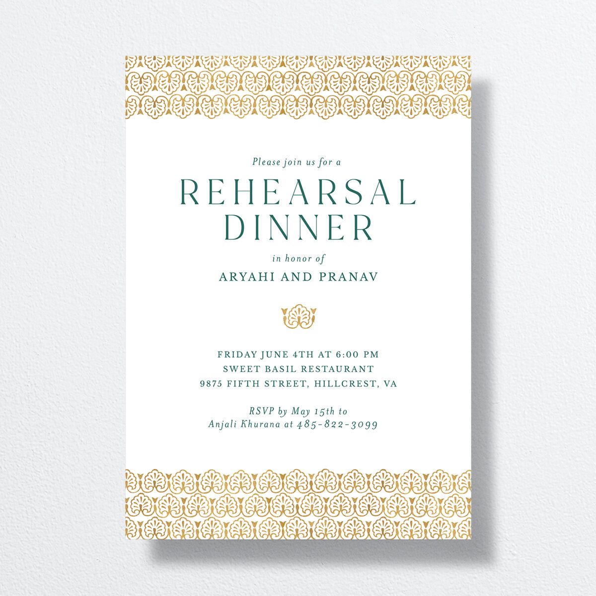 Ornate Deco Rehearsal Dinner Invitations front in Pure White