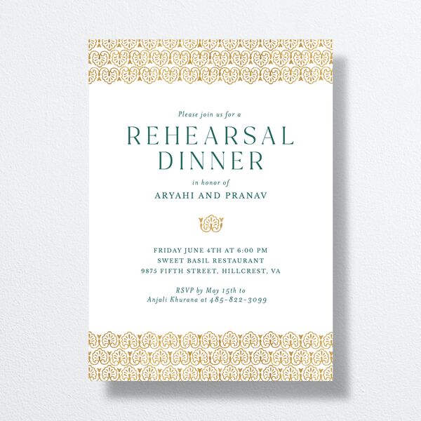Ornate Deco Rehearsal Dinner Invitations front in Pure White