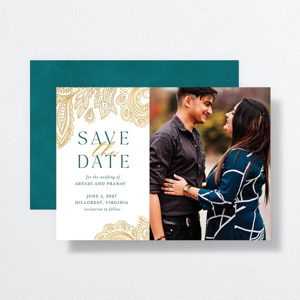 Ornate Deco Save the Date Cards front-and-back in Pure White
