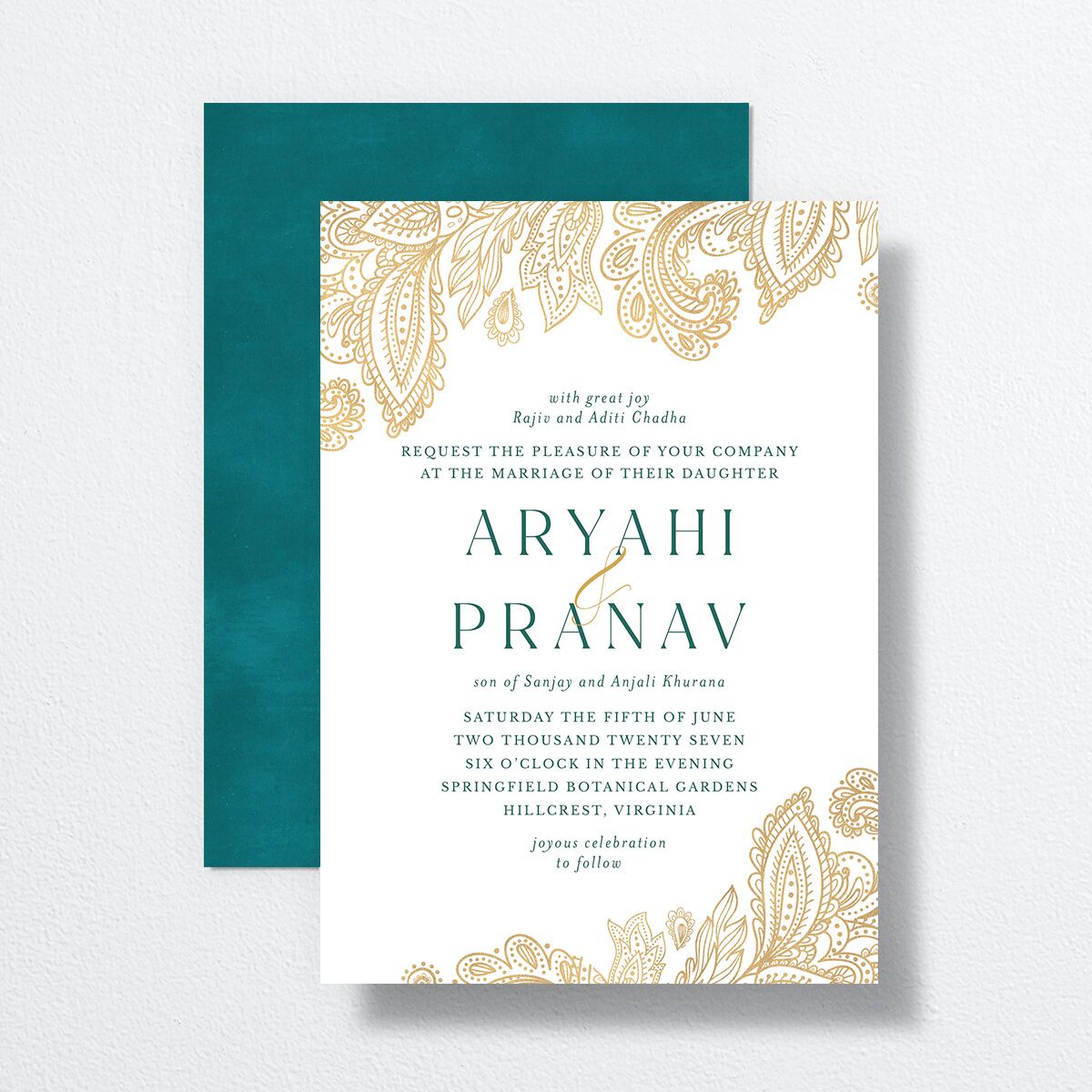Ornate Deco Wedding Invitations front-and-back in Pure White