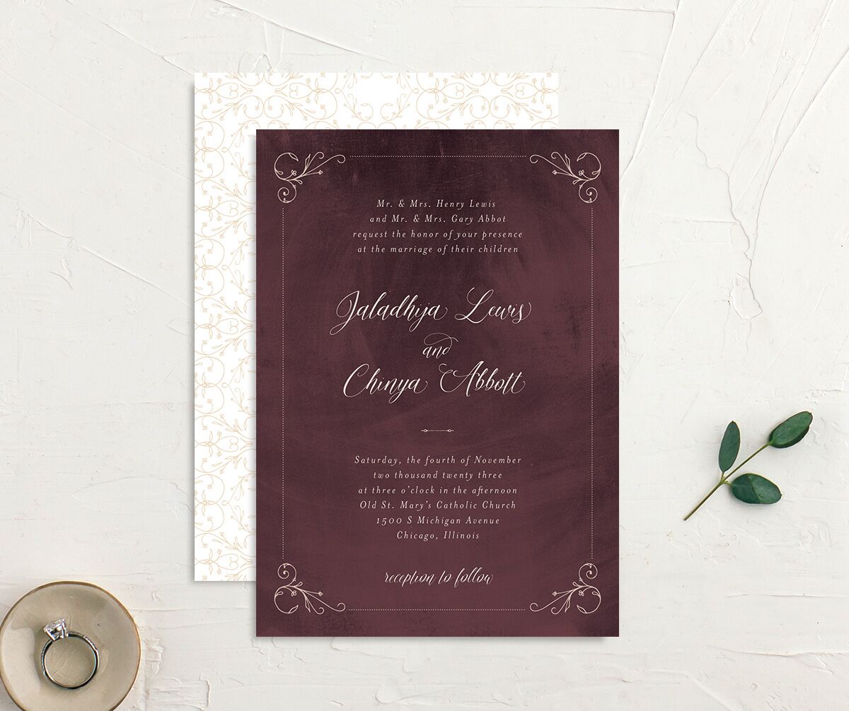 Ornate Nostalgia Wedding Invitations front-and-back in Ruby