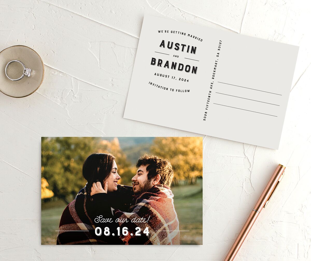 Bold Retro Save the Date Postcards front-and-back in Champagne