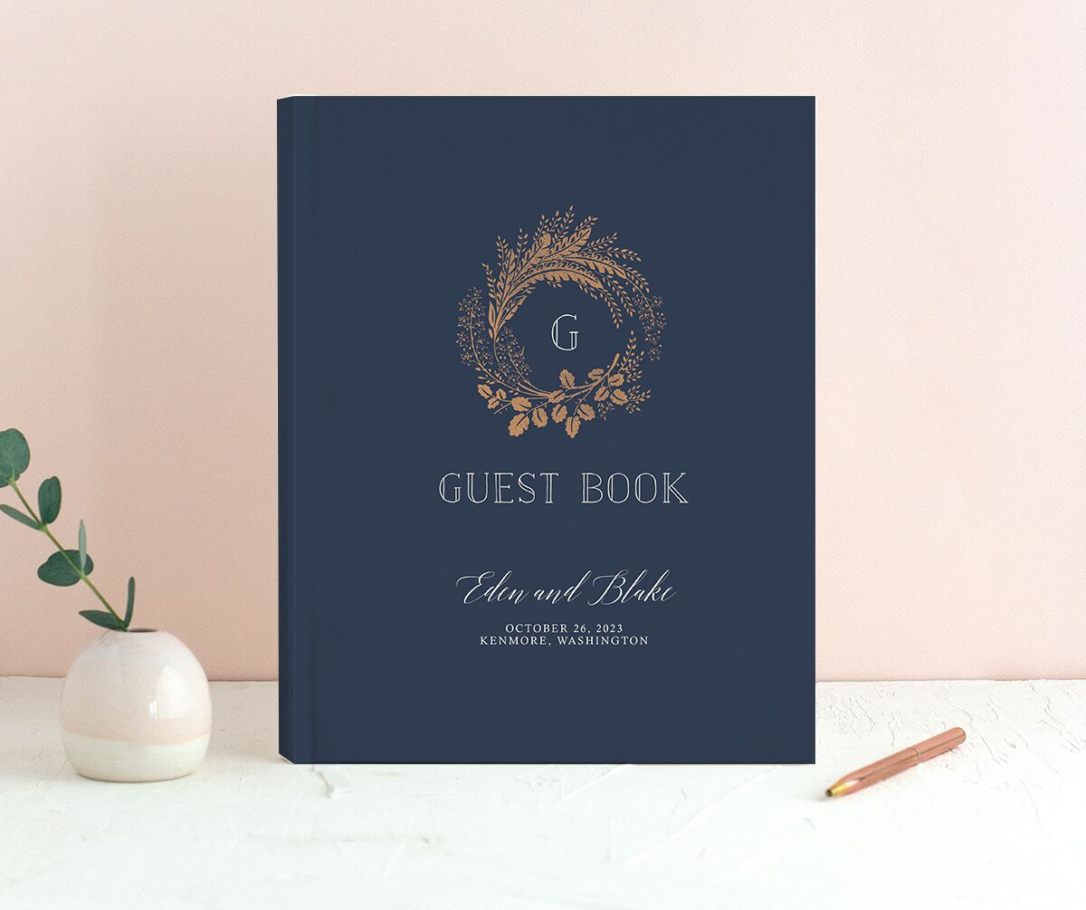 Elegant Botanical Wedding Guest Book front in French Blue