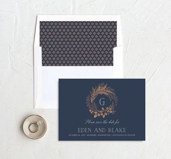 Elegant Botanical Save the Date Cards envelope-and-liner in French Blue