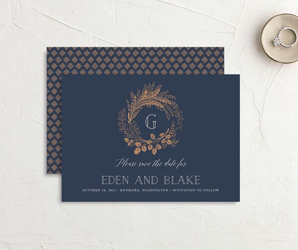 Elegant Botanical Save the Date Cards front-and-back in French Blue