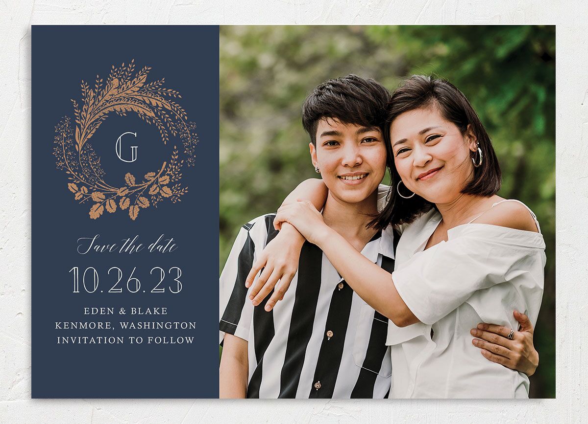 Elegant Botanical Save the Date Cards front in French Blue