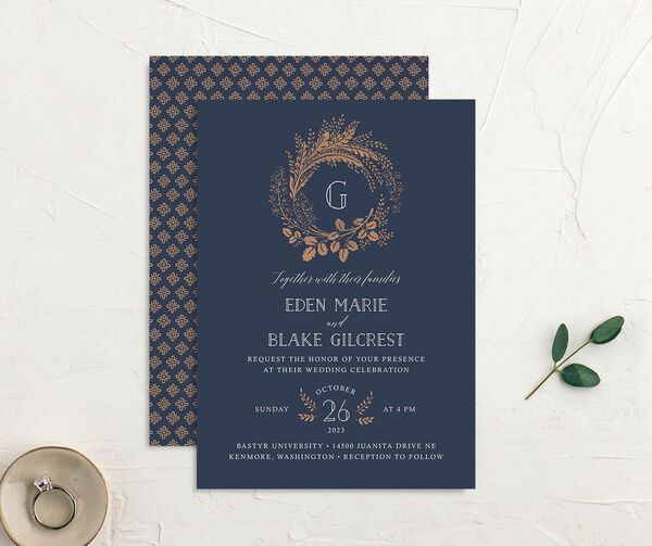 Elegant Botanical Wedding Invitations front-and-back in French Blue