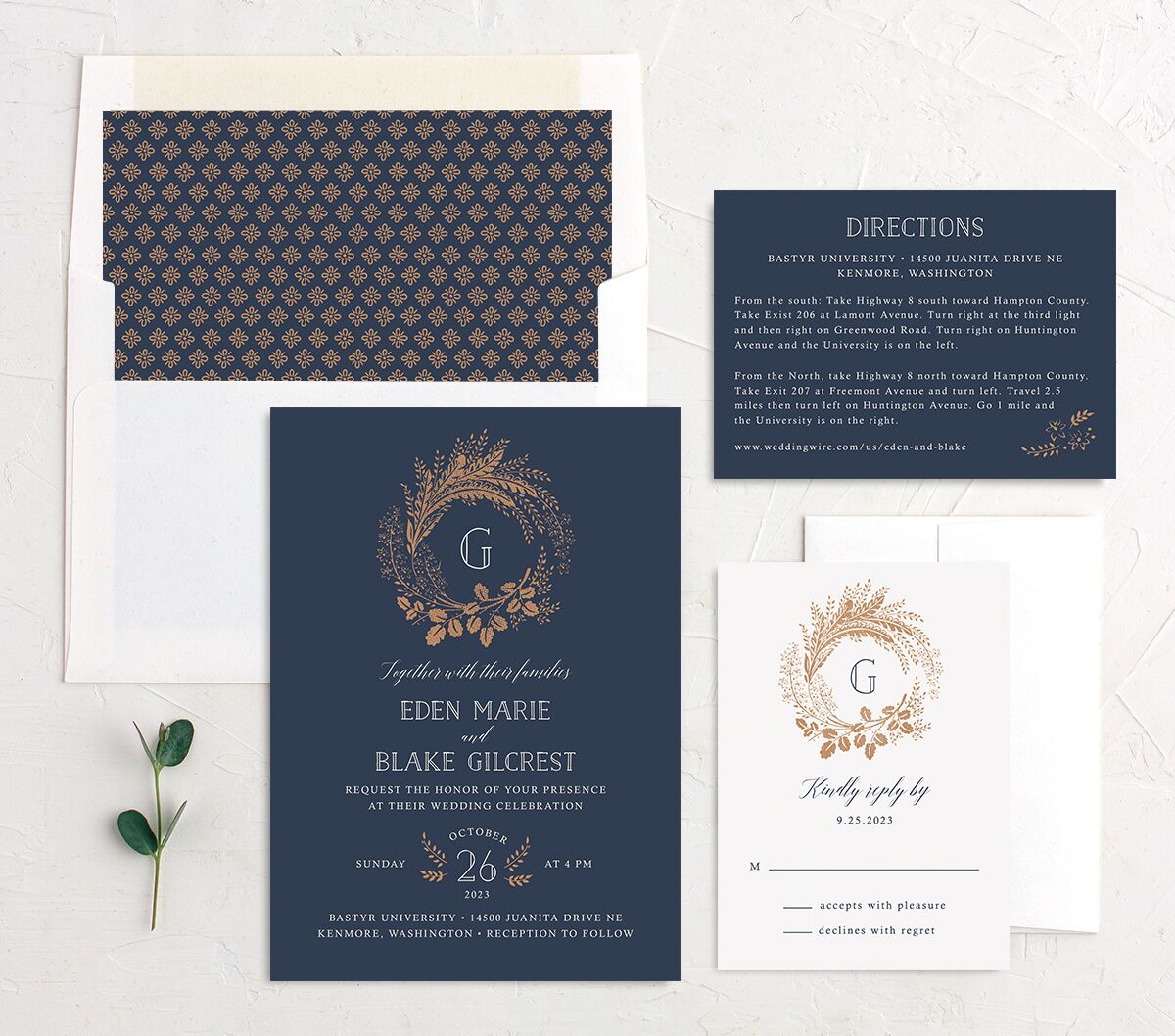 Elegant Botanical Wedding Invitations suite in French Blue