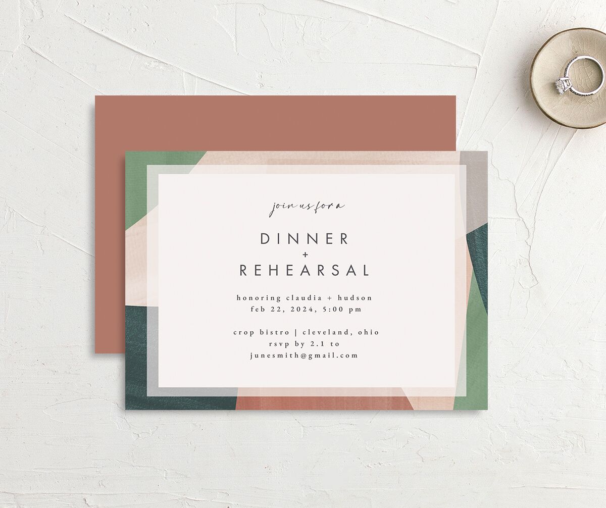 Abstract Geometric Rehearsal Dinner Invitations front-and-back in Jewel Green