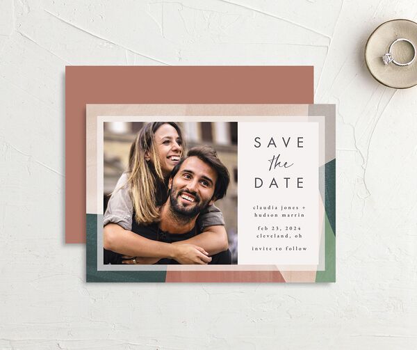 Abstract Geometric Save the Date Cards front-and-back in Jewel Green
