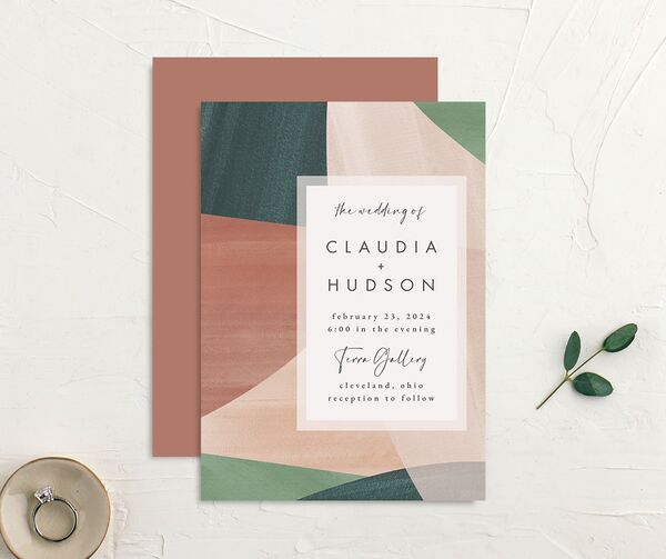 Abstract Geometric Wedding Invitations front-and-back in Jewel Green