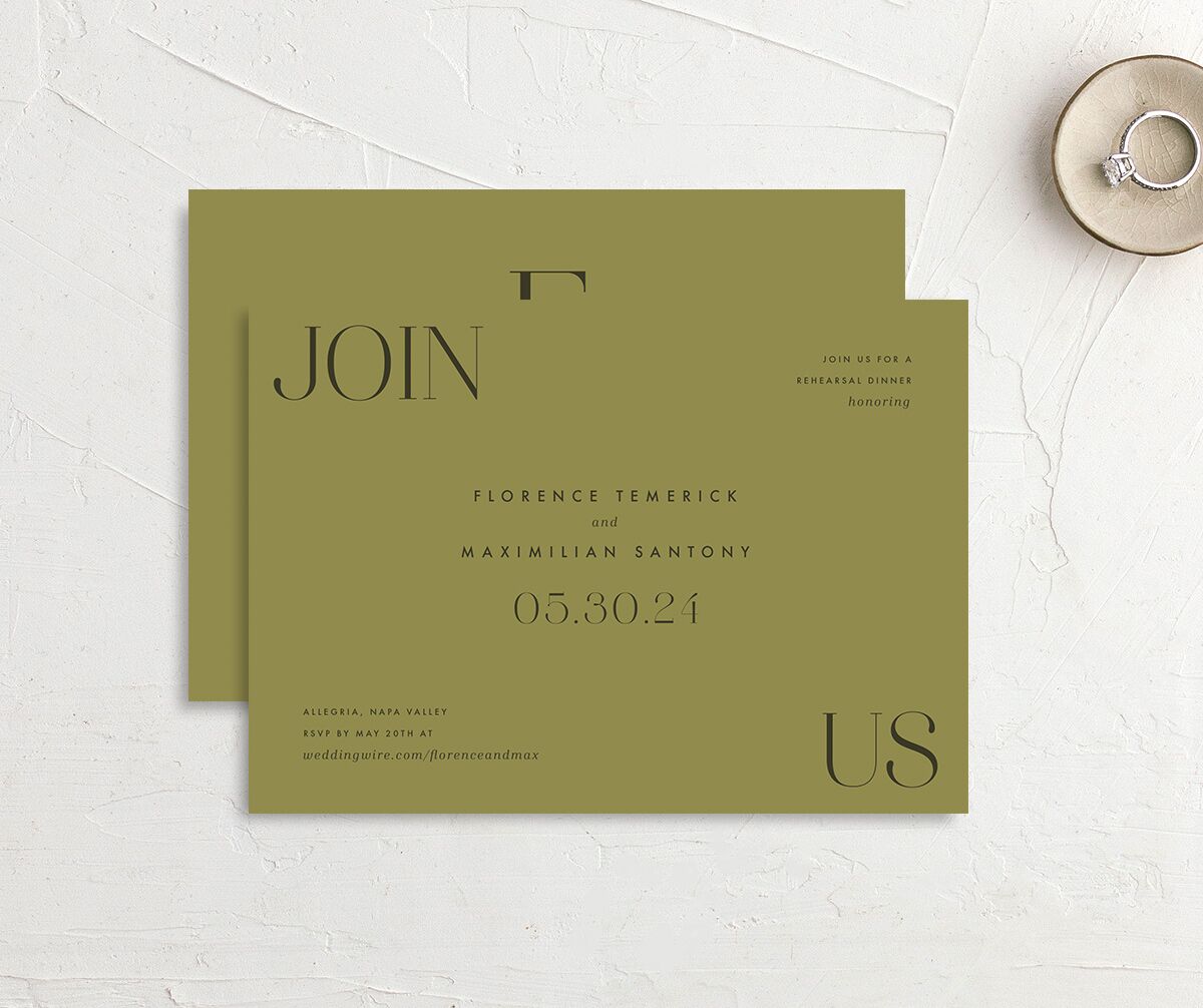 Chic Monogram Rehearsal Dinner Invitations front-and-back in Jewel Green