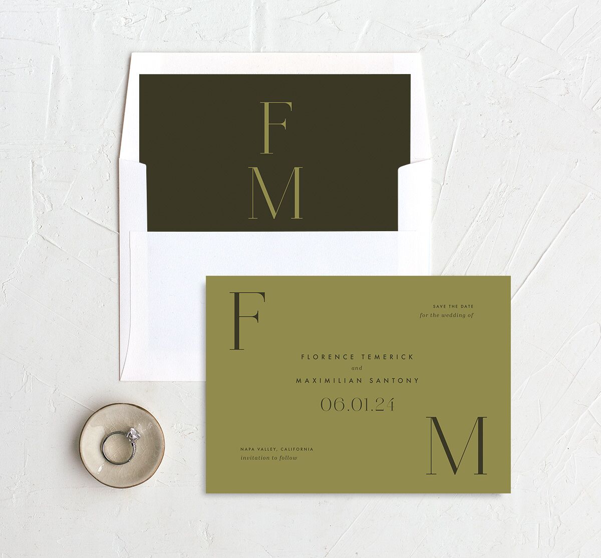 Chic Monogram Save the Date Cards envelope-and-liner in Jewel Green