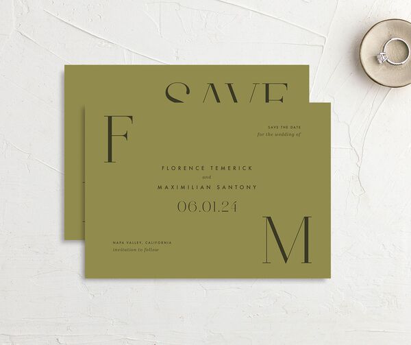 Chic Monogram Save the Date Cards front-and-back in Jewel Green