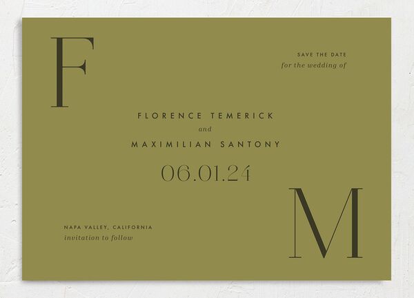 Chic Monogram Save the Date Cards front in Jewel Green