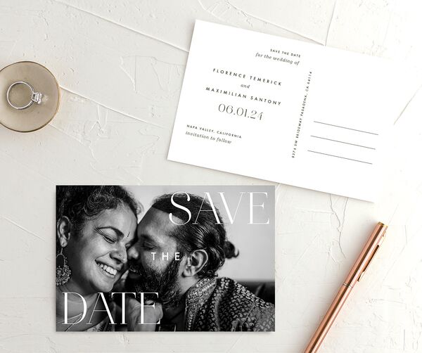 Chic Monogram Save the Date Postcards front-and-back in Jewel Green