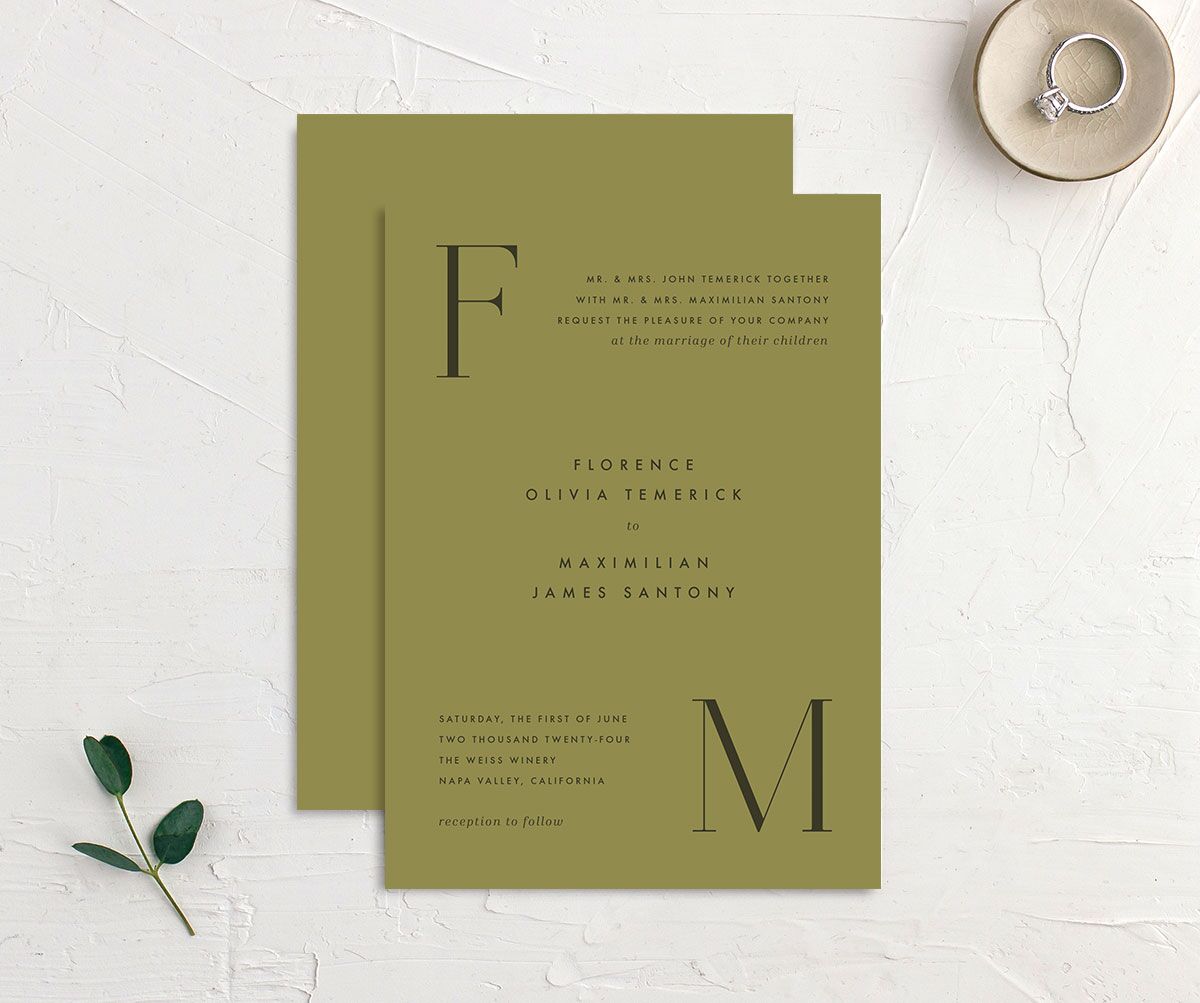 Chic Monogram Wedding Invitations front-and-back in Jewel Green