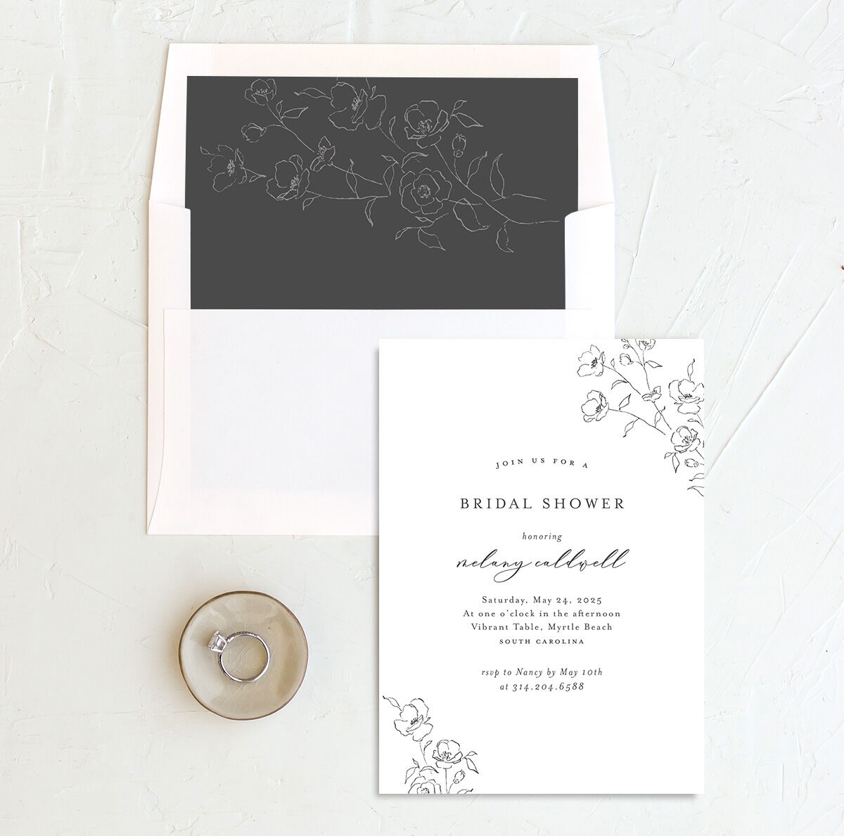 Ornamental Flowers Bridal Shower Invitations envelope-and-liner in Midnight
