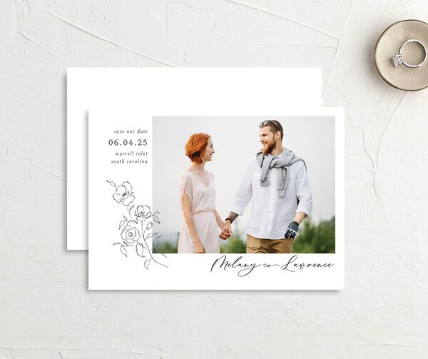 Ornamental Flowers Save the Date Cards front-and-back in Midnight
