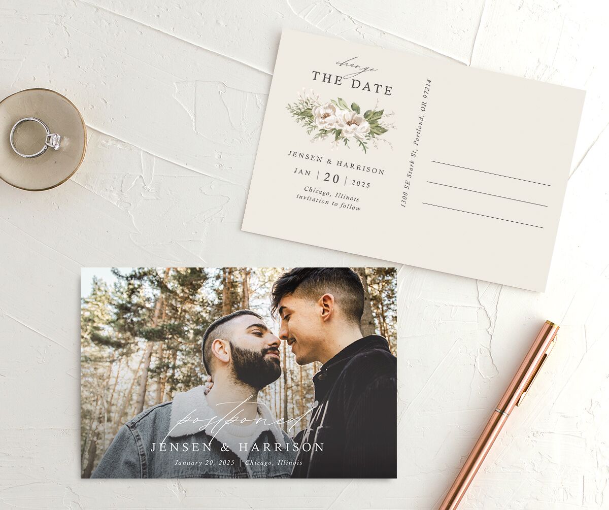 Brushstroke Garland Change the Date Postcards front-and-back in Champagne