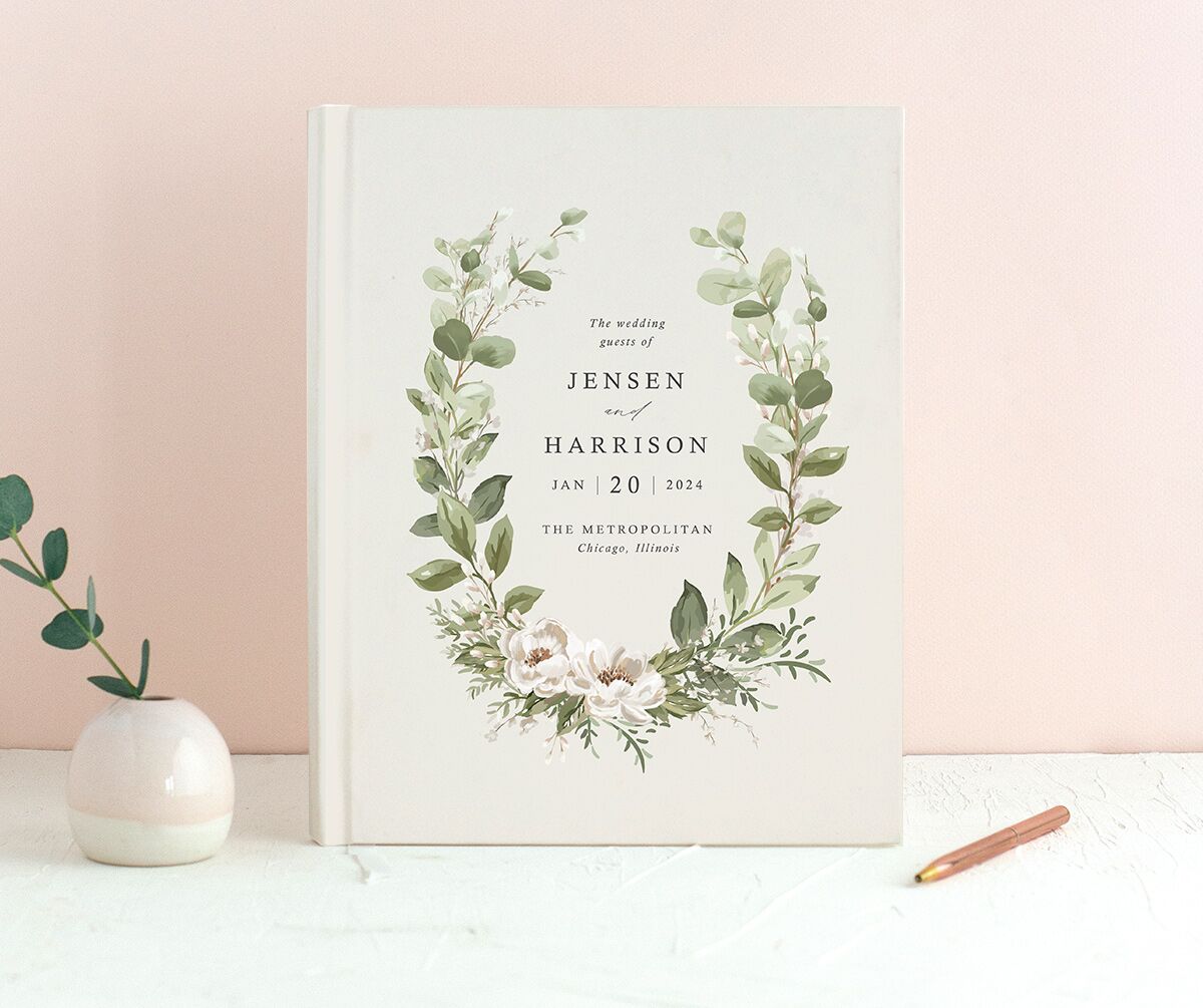 Brushstroke Garland Wedding Guest Book front in Champagne