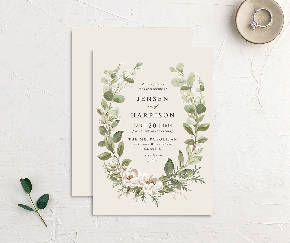 Brushstroke Garland Wedding Invitations front-and-back in Champagne