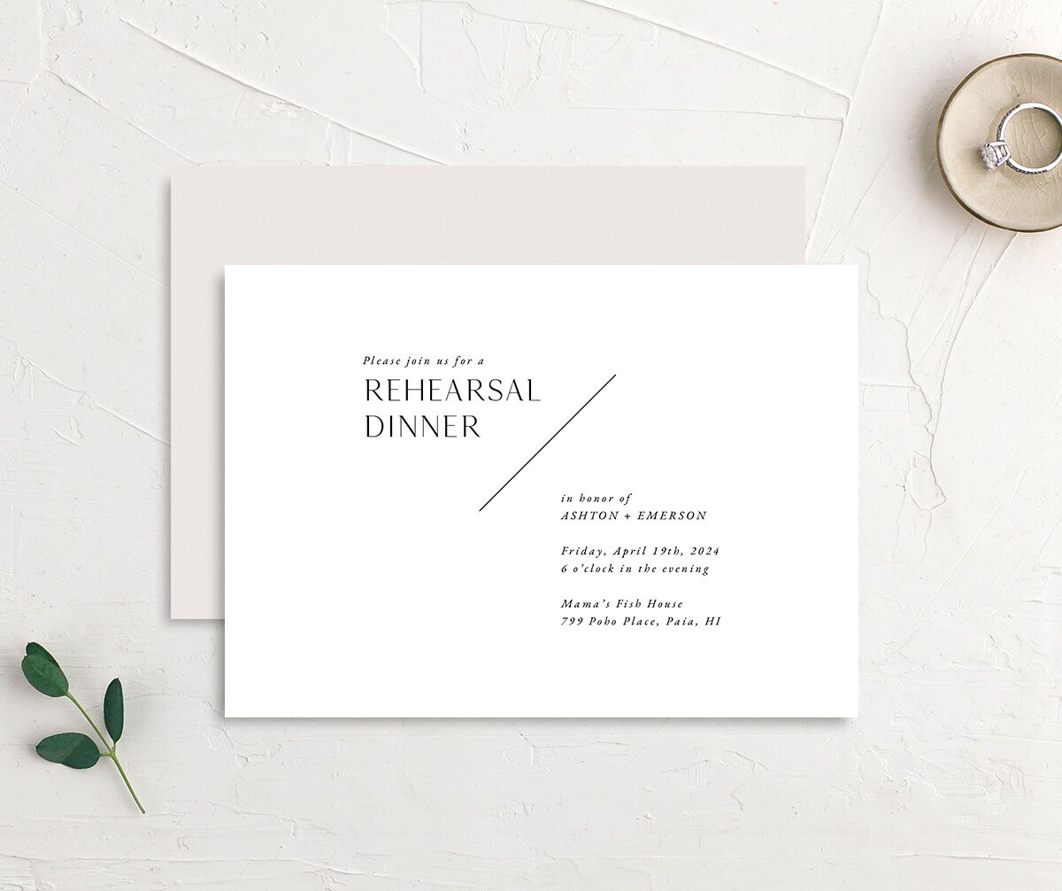 Modern Slant Rehearsal Dinner Invitations front-and-back in Pure White