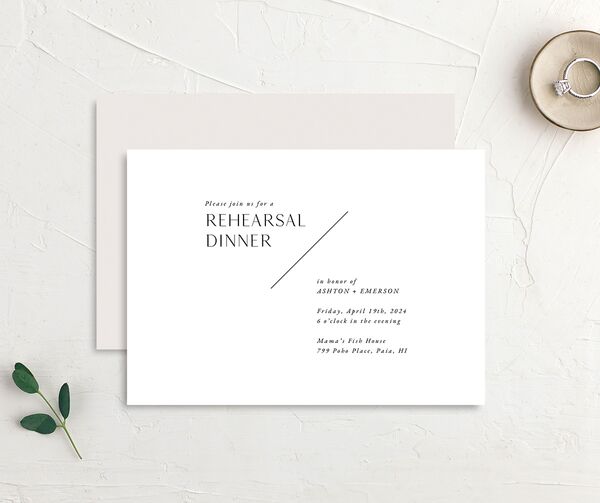 Modern Slant Rehearsal Dinner Invitations front-and-back in Pure White