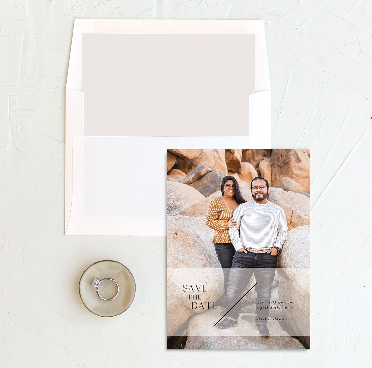 Modern Slant Save the Date Cards envelope-and-liner in Pure White