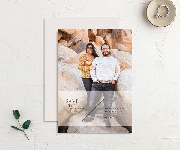 Modern Slant Save the Date Cards front-and-back in Pure White