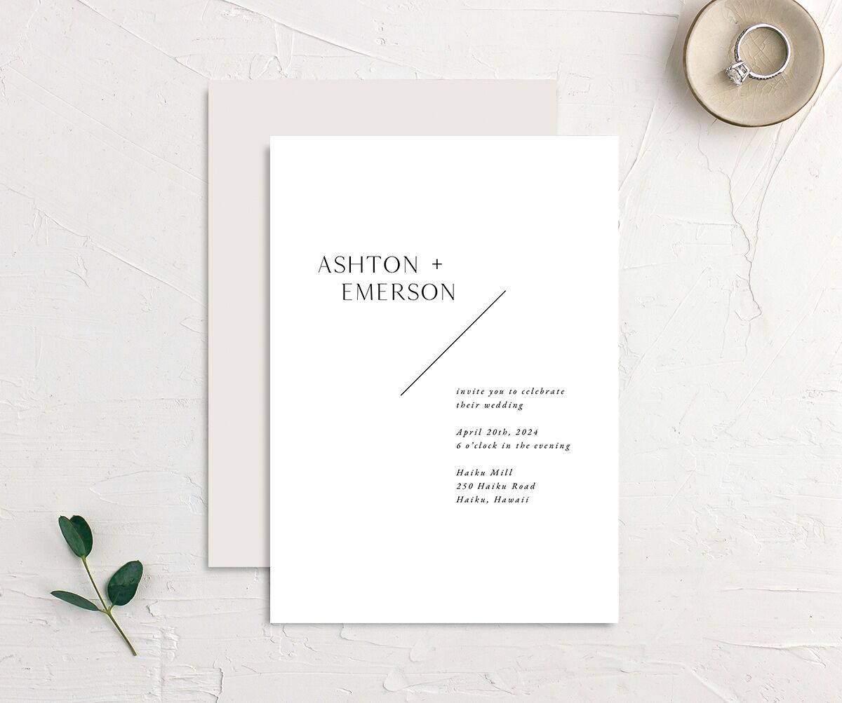 Modern Slant Wedding Invitations front-and-back in Pure White