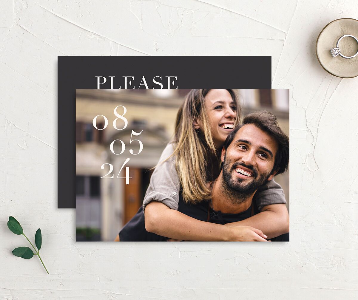 Versatile Vogue Save the Date Cards front-and-back in Pure White