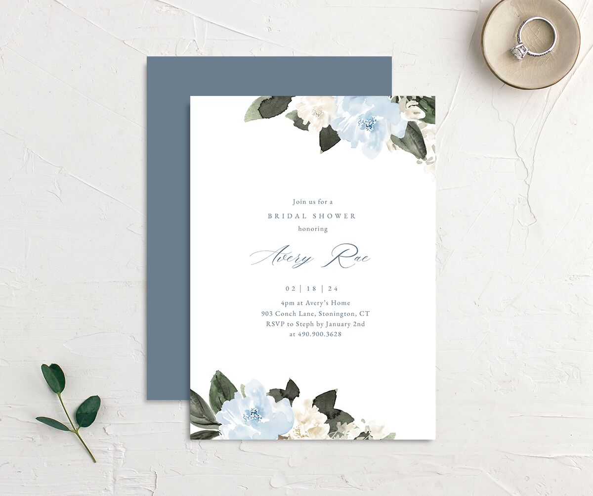 Charming Florals Bridal Shower Invitations front-and-back in French Blue