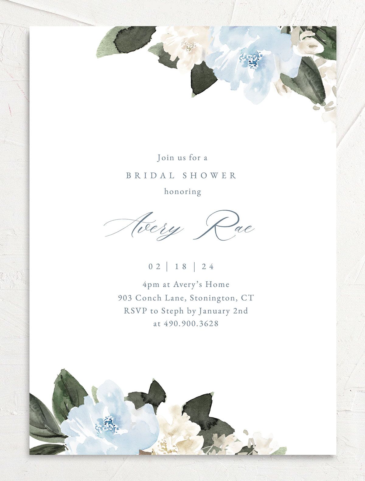 Charming Florals Bridal Shower Invitations front in French Blue