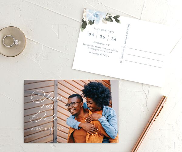 Charming Florals Save the Date Postcards front-and-back in French Blue