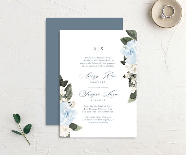 Charming Florals Wedding Invitations front-and-back in French Blue